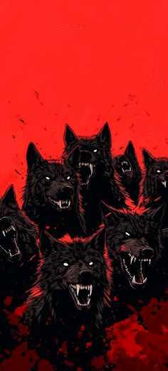 a group of black wolfs with their mouths open and fangs out, against a red background