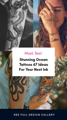The images include examples of an intricate mermaid ocean tattoo, a detailed octopus ocean tattoo, simple line-work ocean tattoo symbols, and vibrant, colorful coral reef tattoo ideas. Four different ocean tattoo options are shown to give you lots of inspiration.