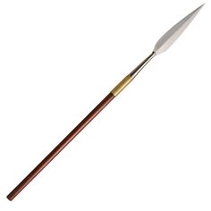 a wooden handle with a white and gold tip on the tip is holding a long, pointed