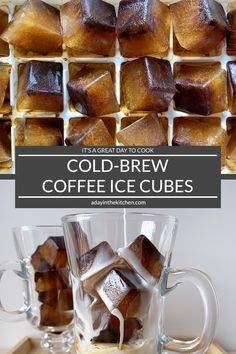 coffee cubes are stacked on top of each other in glass mugs