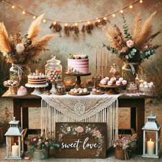 a table topped with lots of cakes and desserts