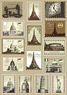 postage stamps with famous places and symbols on them