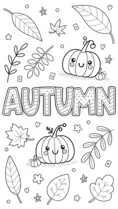 an autumn coloring page with leaves and pumpkins