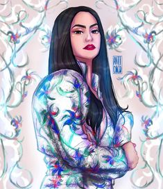 a digital painting of a woman with long black hair