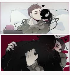 two pictures one with a man holding a doughnut and the other with a donut in his mouth