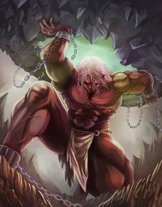 an image of a man with chains around his neck and hands in the air, as if