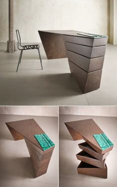 an unusual desk made out of wood and glass is shown in three different angles, including the