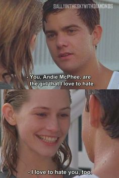 two people are talking to each other with the caption'you, andie mphhee, are the girl that i love to hate '
