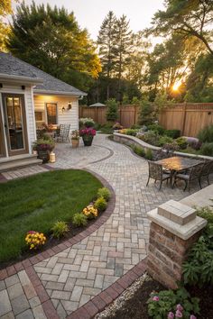 an outdoor patio with brick pavers, grass and flowers on the side of it