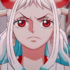 an anime character with red eyes and horns on her head, staring at the camera