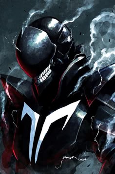 a black and red motorcycle with a skull on it's head, in front of some clouds