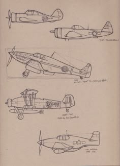 three drawings of airplanes are shown in black and white
