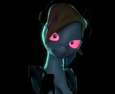 an animated character with pink eyes and black hair