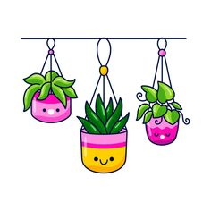 three potted plants hanging from hooks with faces drawn on the bottom one is smiling
