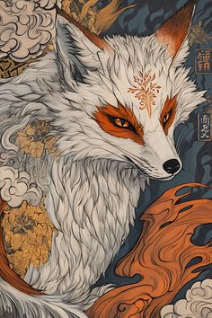 a painting of a white fox with orange eyes