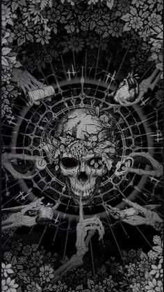 a black and white drawing of a skull surrounded by birds on a flowery background