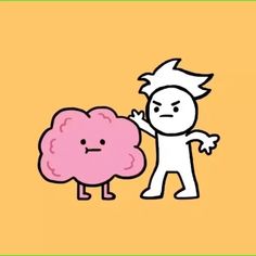 a cartoon character holding onto a pink brain with one hand and the other hand behind him