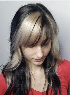 Dark Hair Light Bangs, Black On Top Of Blonde Hair, Black Underdye, Blonde Hair Black Stripes, Black Hair With A Blonde Streak, Skunk Bangs, Chunk Of Blonde Hair, Hair Dye Placements, Face Framing Dyed Hair