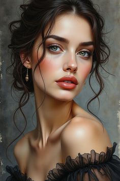 a painting of a woman with blue eyes and brown hair wearing a black dress, looking to the side