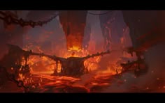 a man standing in the middle of a fire filled area with chains hanging from it's sides