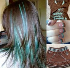 made by me💋 creds @roslyndec12 if repost🫶🏽 Brown Hair With Other Colors, Brown Hair With Cyan Highlights, Y2k Hair Colours, Brown And Cyan Hair, Brunette Colored Highlights, Light Brown And Colored Hair, Brown Colorful Hair, Hair Dyed Brown, Strand Of Hair Dyed