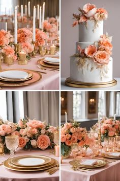 wedding cake with pink flowers and candles on top, gold plated place settings at the bottom