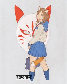 a drawing of a girl in a blue skirt with a cat ears on her head