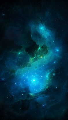 an image of some very pretty blue and green stars in the night sky with bright lights