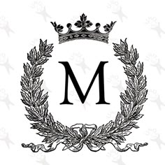 the letter m with a crown and laurel wreath around it, on a white background