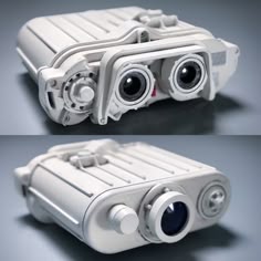 two different views of the same object in white and black colors, one with three large lens