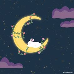 a rabbit is sitting on the moon in the sky