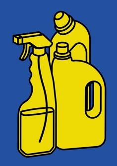 a yellow spray bottle next to a blue container on a blue background with black lines