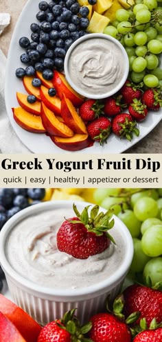 a plate filled with fruit and dips on top of a white plate next to other fruits