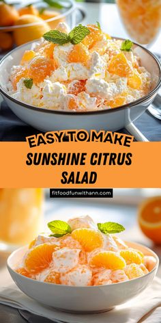 an orange salad in a white bowl on top of a table with the words easy to make sunshine citrus salad