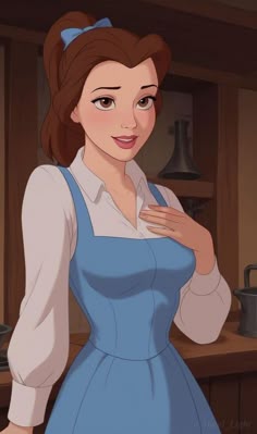 a woman in a blue dress standing next to a counter