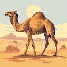 a camel standing in the desert with mountains in the background