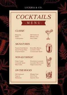 the menu for cocktails and drinks