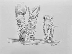 a drawing of a person walking with a dog on a leash next to their feet