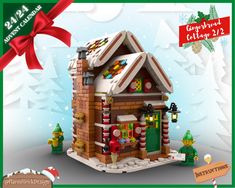 a lego christmas house is shown in front of a holiday card with a red ribbon
