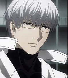 an anime character with glasses and white hair looking at the camera while he is staring straight ahead