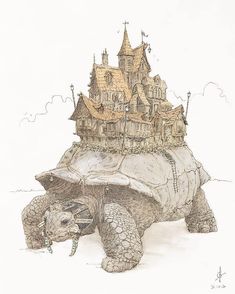 a drawing of a turtle with a castle on its back