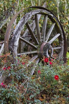 an old wooden wagon wheel surrounded by flowers