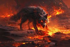 a wolf is walking through the lava in front of fire and rocks, with bright orange lights coming from its eyes