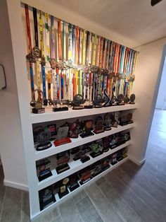 there is a display case with many medals on the wall and below it are several rows of trophies