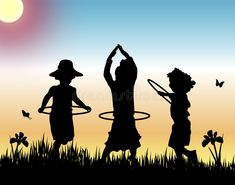two children are playing with hula hoop in the field at sunset royalty photo - illustration