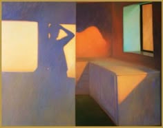 a painting of a woman standing in front of a window with her hands on her head