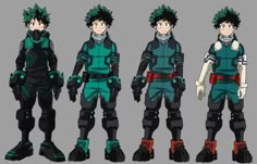 three different poses of an anime character with black hair and green eyes, wearing armor