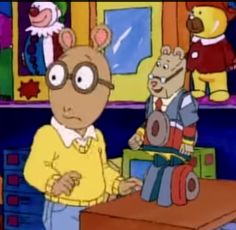 a cartoon character is standing in front of a desk with two stuffed animals on it