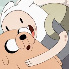 an animated cartoon character is holding onto another character's head and looking at the camera