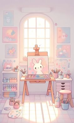 an artist's studio with pastel colors and drawings